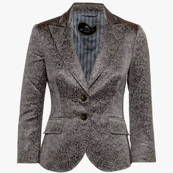 Etro Grey Rose Textured Lurex Jacquard Single-Breasted Jacket - Picture 1 of 6